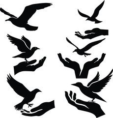Hand releasing flying bird silhouette, vector art, freedom concept