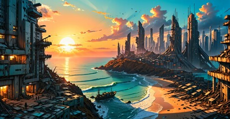 Obraz premium dystopian sci fi city ocean sunset. cyberpunk science fiction buildings on sea beach shore. tropical metropolis urban coast shoreline.
