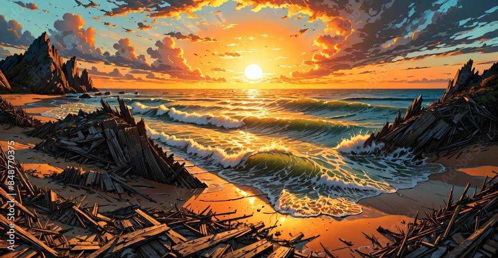 Wall mural shipwreck at sea ocean sunset in summer. tropical ocean beach with debris on island shore coast. seascape landscape.