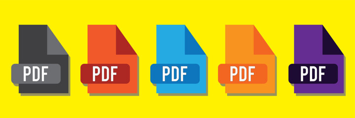 PDF file format icons set. PDF file download symbols. Format for texts, images, vector images. Format and extension of documents. Colourful pdf file icon. 11:11