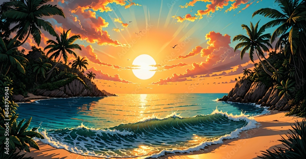 Wall mural beach ocean island sunset. tropical sea water waves on shoreline. sand on shore waterfront coast and - Wall murals