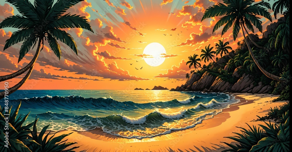 Sticker beach ocean island sunset. tropical sea water waves on shoreline. sand on shore waterfront coast and paradise palm trees.