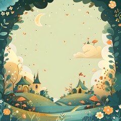 Obraz premium Whimsical Fairy Tale Frame with Magical Motifs and Dreamy Landscape Elements in Vibrant Digital