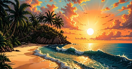 beach ocean island sunset. tropical sea water waves on shoreline. sand on shore waterfront coast and paradise palm trees.