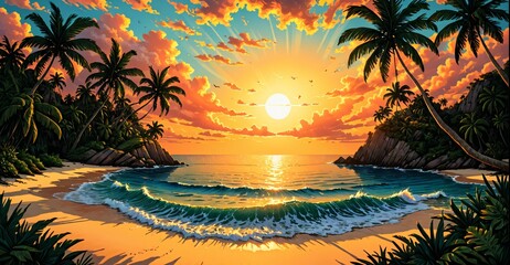 beach ocean island sunset. tropical sea water waves on shoreline. sand on shore waterfront coast and paradise palm trees.