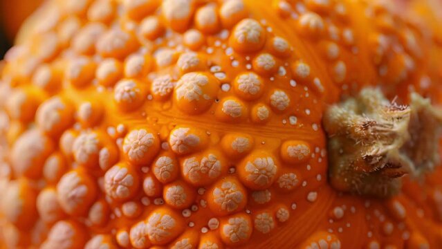 The dimpled surface of this pumpkin is adorned with small bumps seemingly arranged in an abstract pattern.