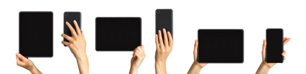Mockup of smartphone, tablets and women's hands, concept of mobile shopping, taking a photo and selfie