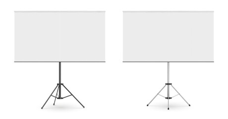 Black metallic tripod with whiteboard for presentation. Realistic 3d vector mockup of blank flipchart on metal stand for business and education seminar. template of empty portable projector screen.