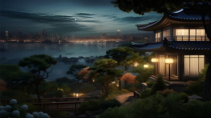 Tranquil Japanese Pagoda at Night, A Beacon of Serenity Over a Still Lake, Embracing the Beauty of Night, A breathtaking Landscape Under a Starry Sky, generative ai