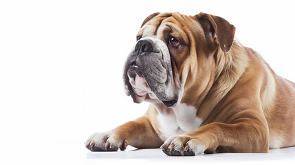 Expressive bulldog isolated on white background, with distinctive muscular build and wrinkled face