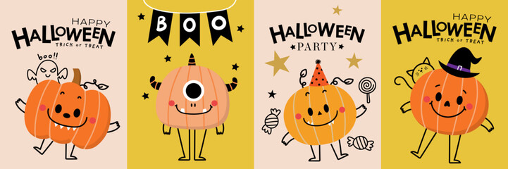 Happy halloween greeting card with cute monster pumpkin and ghost. Holidays cartoon character. -Vector © Dusida