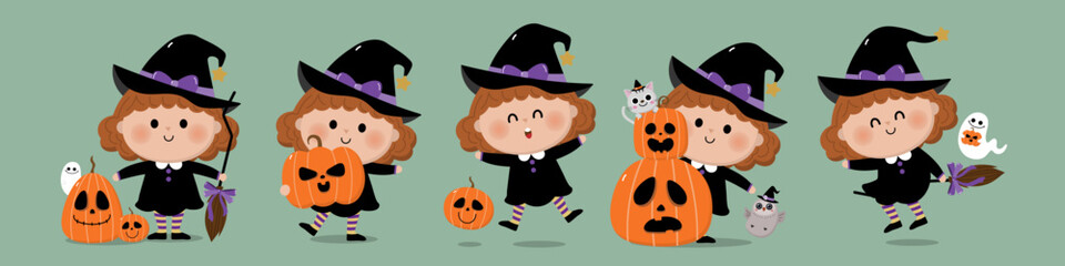 Happy halloween greeting card with cute witch, spooky pumpkin and ghost. Holidays cartoon character vector