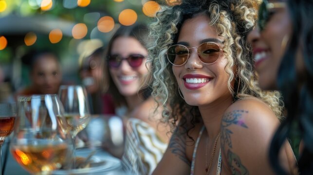 A diverse group of women attend a stylish brunch outing. An outdoor cafe hosts a group of diverse female friends enjoying a fashionable brunch outing with wine.