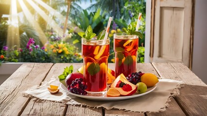 Two glasses of iced tea with mint and fruits on wooden table