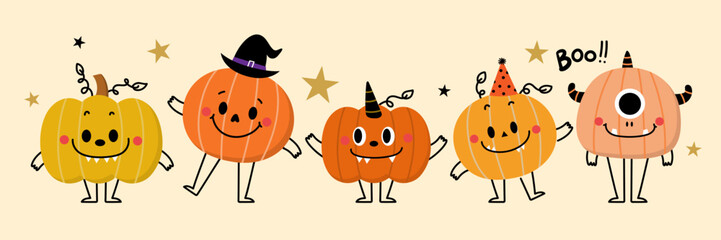 Happy halloween greeting card with cute monster pumpkin and ghost. Holidays cartoon character. -Vector