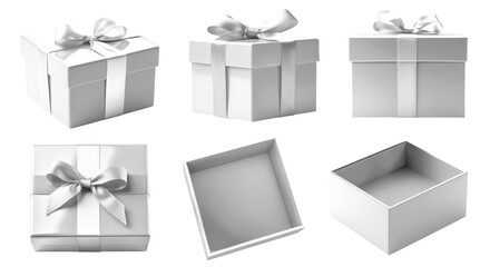 Set of white gift present square box with bow ribbon on transparent cutout PNG file. Mockup template for artwork design. perspective open close top side flat lay view positions many different angle