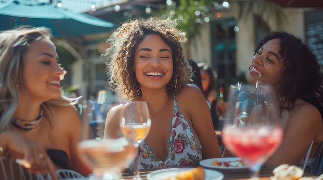 A diverse group of women attend a stylish brunch outing. An outdoor cafe hosts a group of diverse female friends enjoying a fashionable brunch outing with wine.