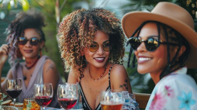 A diverse group of women attend a stylish brunch outing. An outdoor cafe hosts a group of diverse female friends enjoying a fashionable brunch outing with wine.