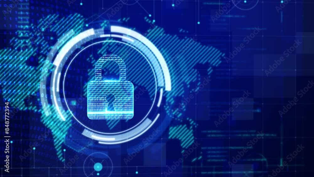 Poster padlock with random digital binary 0 1 element technology and security concept