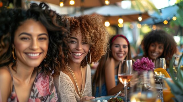 A diverse group of women attend a stylish brunch outing. An outdoor cafe hosts a group of diverse female friends enjoying a fashionable brunch outing with wine.