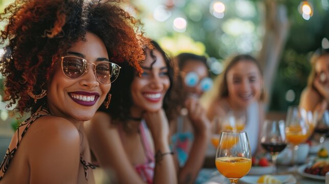 A diverse group of women attend a stylish brunch outing. An outdoor cafe hosts a group of diverse female friends enjoying a fashionable brunch outing with wine.
