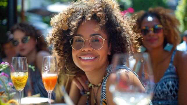 A diverse group of women attend a stylish brunch outing. An outdoor cafe hosts a group of diverse female friends enjoying a fashionable brunch outing with wine.