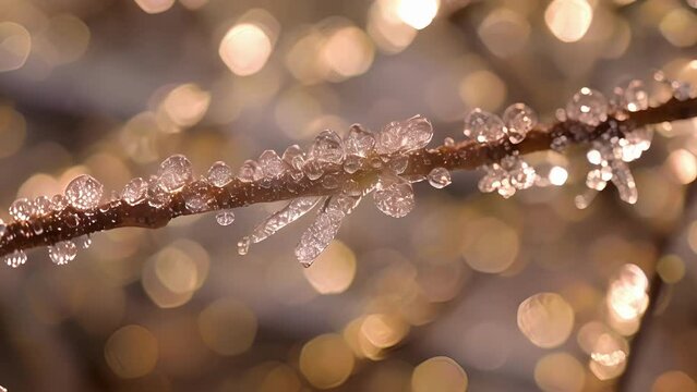 A closeup of a tree branch covered in thin layers of frozen dew each drop catching the light and sparkling like diamonds.