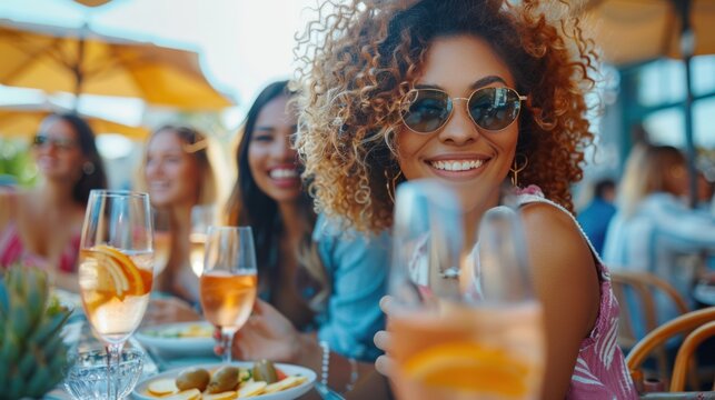 A diverse group of women attend a stylish brunch outing. An outdoor cafe hosts a group of diverse female friends enjoying a fashionable brunch outing with wine.