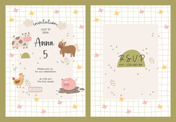 Baby farm invitation printable template. Child, greeting with farming animals. Vector nursery rural illustrations. © DigARTbyHavroshka