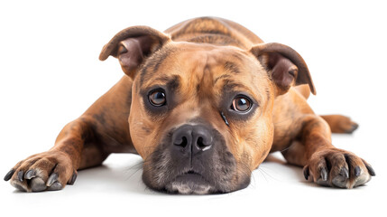 Obraz premium Muscular Staffordshire Bull Terrier dog isolated on white background, showcasing its strength and friendly demeanor