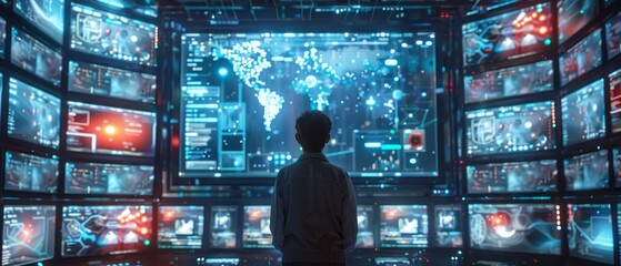 Person monitoring multiple screens with digital world map and data visualizations in a high-tech control room.