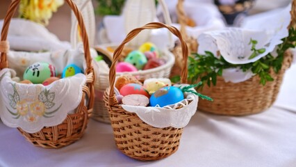 Decorated Traditional Polish Easter Wicker Baskets Prepared for Blessing on Holy Saturday Church...