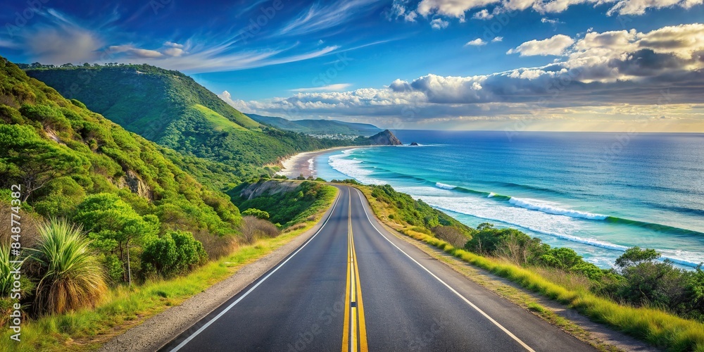 Wall mural long road leading to paradise beach coast with ocean view travel vacation promotion ad asset , road, - Wall murals