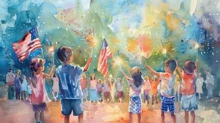 Patriotic watercolor depicting a lively Fourth of July a crowd of joyful children holding sparklers and waving American flags