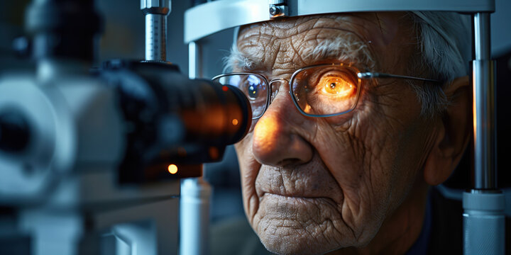 An elderly man is getting his eyes tested. The optician is shining a light into the left eye and examining it.