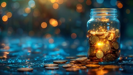 Transparent holographic savings jar filling with virtual coins, Sci-fi, Light Blue, Digital Illustration