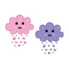 Vector characters are cute and happy purple and pink clouds with hearts.