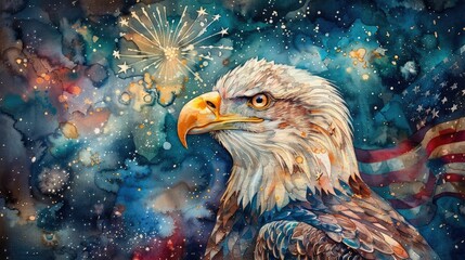 Obraz premium Majestic patriotic watercolor of a bald eagle with an American flag and vibrant fireworks bursting in the background symbolizing national pride freedom and independence