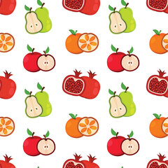 Seamless fruit pattern on a white background. Pear, apple, pomegranate, orange.