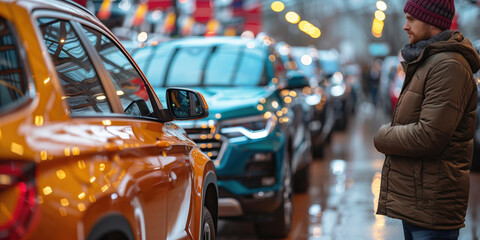 An car buying showroom with a person choosing after-market and extra parts for their new car