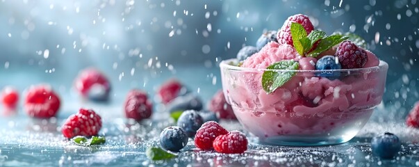 Refreshing Berry Sorbet in Glass Cup with Mint and Berries   Icy Dessert Concept with Copy Space