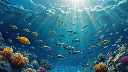 A high-quality image titled 'Default type vector illustration subject fish swimming underw 2' showcasing a variety of colorful fish and fishing scenes Ideal for nature and fishing enthusiasts
