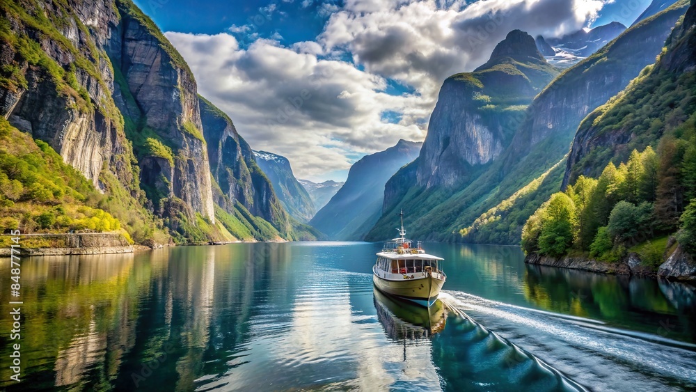 Wall mural scenic boat tour through a majestic fjord , nature, water, landscape, adventure, travel, boat, cruis - Wall murals