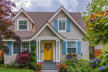 A stylish suburban home with a light gray exterior, white trim, blue shutters, and a yellow front door, set in a garden with green, purple, and red plants.