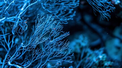 Close focus on blue coral, rare and striking, its skeletal branches hosting tiny fish. 