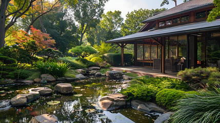 Tranquil Japanese garden Peaceful Japanese living space with architectural wood details and a serene garden visible through large  glass doors ai generative