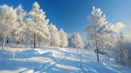 Peaceful Winter Wonderland: Snowy Field with Frosty Trees, Blue Sky, and Fresh Snow, Tranquil Snowy Wilderness: Crisp Winter Scenes, Fresh Snowfall, & Clear Skies in Nature's Beauty