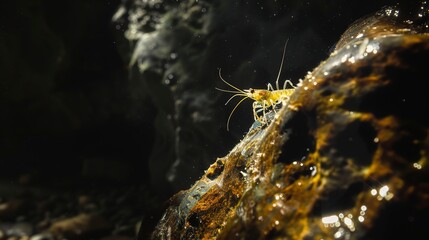 Macro shot of tiny cave shrimp on a rock inside a dark underwater grotto, survival in extreme conditions.
