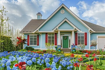 A suburban home with a light blue exterior, white trim, red shutters, and a green front door, set against a backdrop of a garden with blue, red, and yellow flowers.