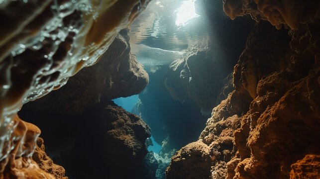 Close focus on a halocline in an underwater cave, the surreal visual effect where fresh and saltwater meet. 